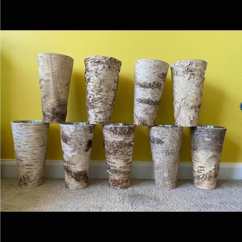 10* birch wrapped flower vases / centerpieces. 9” tall, 4.5” wide opening.
